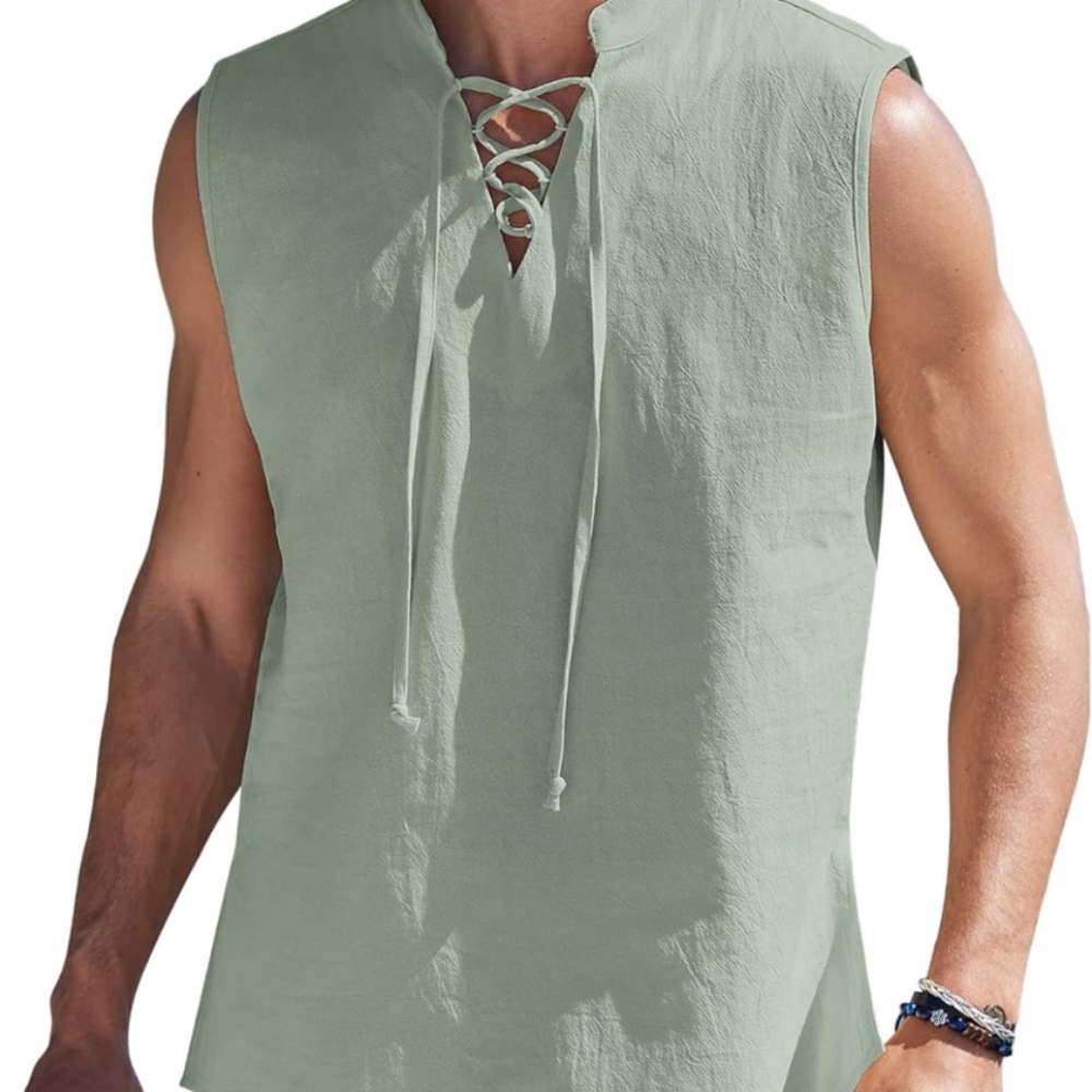 Men's Sleeveless Lace-Up Green Shirt